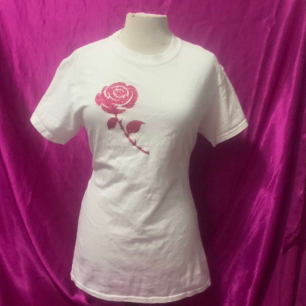 Plain white tea size small shimmery pink rose like new sparkles